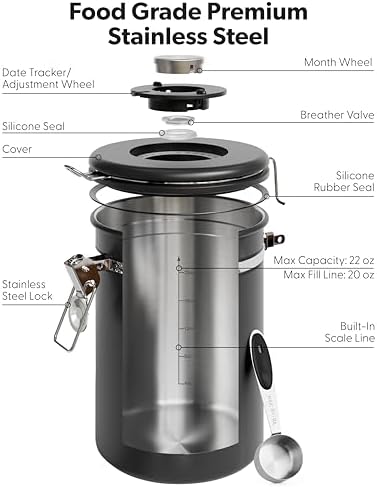Coffee Canister with Window, Airtight Stainless Steel Container, 22OZ