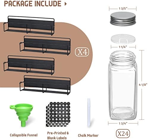 Magnetic Spice Rack, 4 Pack, 24 Square Glass Jars with Lids, Quick-Find Pre-Printed Labels, Funnel, Space Saver, Refrigerator and Microwave Oven Organizer