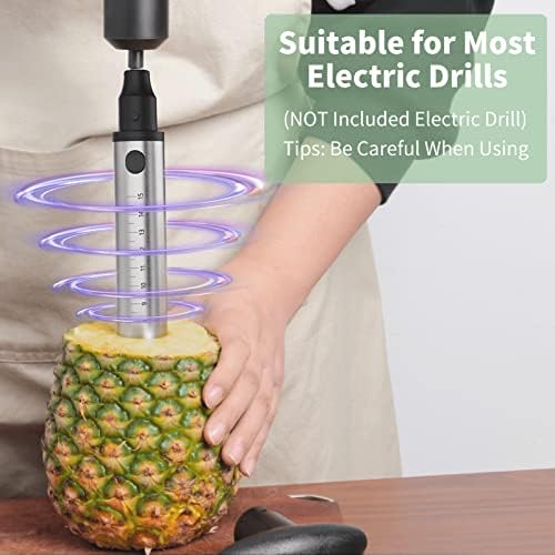 Newness Pineapple Corer with Knife, [Upgraded, Electric & Manual] Stainless Steel Fruit Cutter with Electric Drill Accessory, Pineapple Slicer Core Remover Kitchen Tool with Measure Mark