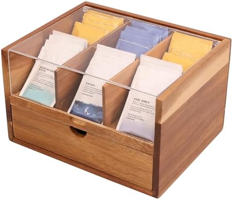 Acacia Wood Tea Organizer 2 Tier with Drawer,Large Capacity