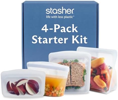 Premium Reusable Silicone Storage Bags, 4-Pack Starter Kit, Clear