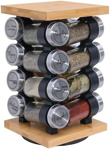 16 Jar Rotating Bamboo Spice Rack with Spices Included & 5-Year Spice Refill Program – Compact Countertop Spice Rack with Glass Jars