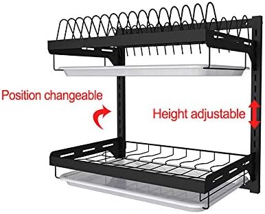 Kitchen Dish Rack,Hanging Dish Drying Rack Organizer Storage Shelf Over Sink,2 Tier Wall Mount Bowl Holder with Drain Tray and Silverware Stainless Steel Black Coating Ajustable Height