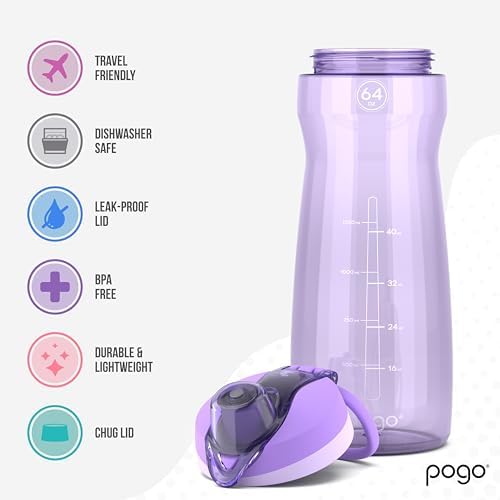 Pogo 64oz Plastic Water Bottle with Chug Lid and Carry Loop, Lilac - Image 3