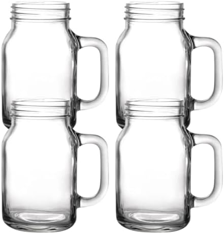 Mason Jar 21 oz with Handle – Set of 4 Clear Glass Drinking Mugs for Iced Beverages, Smoothies, Cocktails | Vintage Style for Home, Bar, and Events