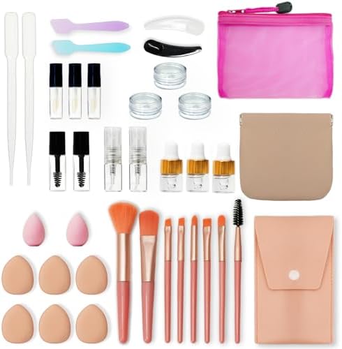PrettyCare Gifts for Women 38 Pcs Mini Travel Makeup Containers Set, Small Empty Container & TSA Approved Travel Bottles Kit with Brushes, fLeak-Proof Cosmetic Jars & Bottles for Travel, and Sample by PrettyCare