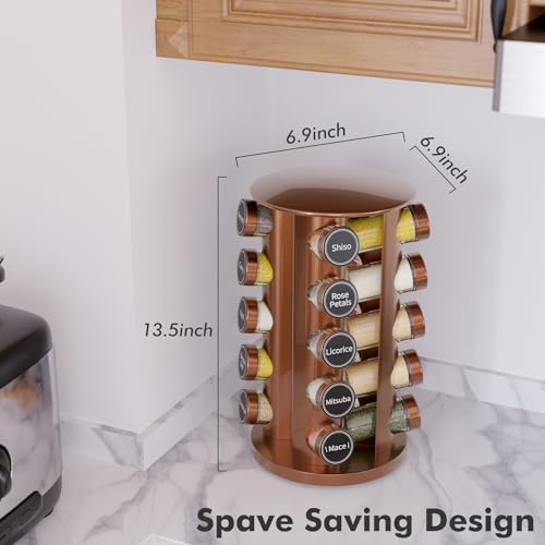 Revolving Spice Rack Set with 20 Spice Jars, Kitchen Spice Tower Organizer for Countertop or Cabinet - Carousel Storage Includes 386 Spice Labels (Gold)