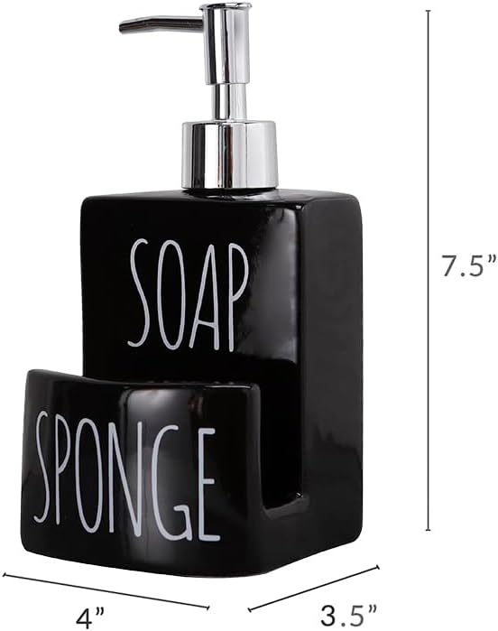 Ceramic Soap Dispenser with Sponge Holder - 2-in-1 Countertop Soap Pump Dispenser for Sink, Useful Kitchen Gadget - Black