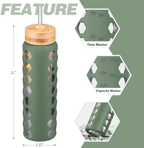 Glass Water Bottle, 32oz, Olive