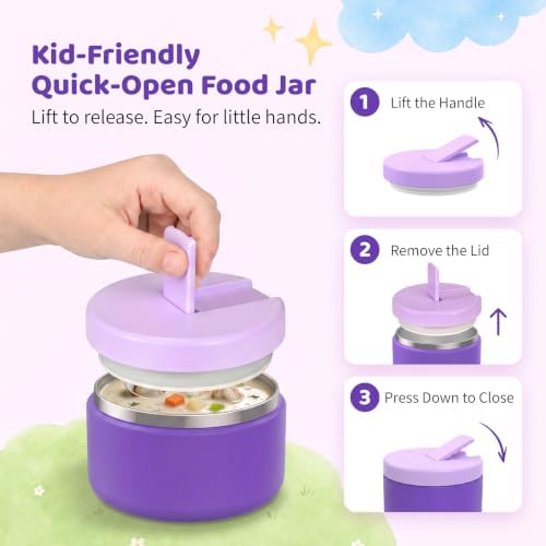 Bento Lunch Box with 8oz Soup Thermo, Kids Leakproof Lunch Food Containers with 4 Compartment, Kids Thermo Insulated Hot Food Jar for School, Trvael (Purple)
