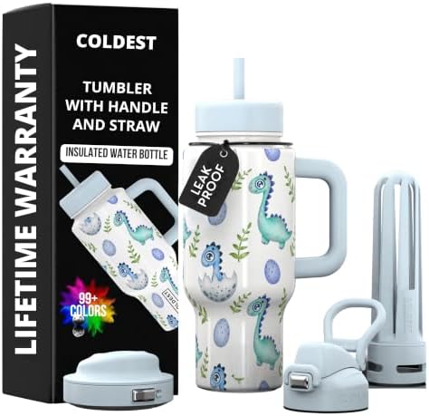 Coldest Tumbler with Handle & Coffee Lid - 100% Spill Proof Tumbler (3 Lids) - Stainless Steel Insulated Leakproof Tumblers for Women & Men - Cup Holder Friendly - 24 oz (Baby Dinosaur) by Coldest