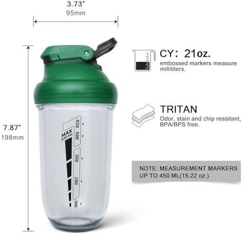 20 oz protein shaker bottle, TRITAN Plastic, BPA/BPS Free Whey Protein Drink Cups for Pre-Workout and Gym, Blender Shaker for Blending Protein Shakes, Overnight Oats and Smoothies (green) - Image 2