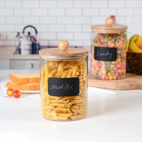 Set of 2 Glass Canisters for Kitchen Counter with Airtight Bamboo Lids + Marker & Labels - 68oz. Large Cookie Jars Wooden Lid, Food Storage Containers Pantry, Flour, Sugar, Pasta, Candy.
