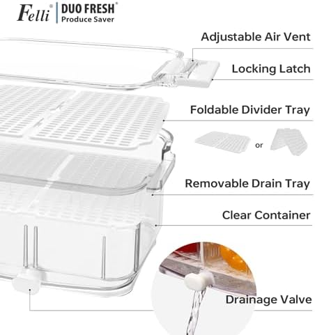 Duo Fresh Produce Saver for Fridge, Fruit Vegetable Container with Vent & Drainage in Bottom for Wash, Colander Strainer Storage Bin for Refrigerator, Berry Lettuce Keeper