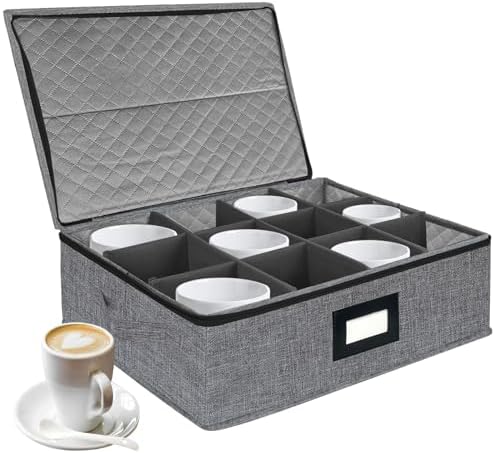 Mug and Cup Storage Box with Dividers, Coffee Mug Storage Case China Storage Containers Hard Shell with Lid and Handles, Stackable for 12 Coffee Mugs, Tea Cups, Moving & Packing (Dark Grey)