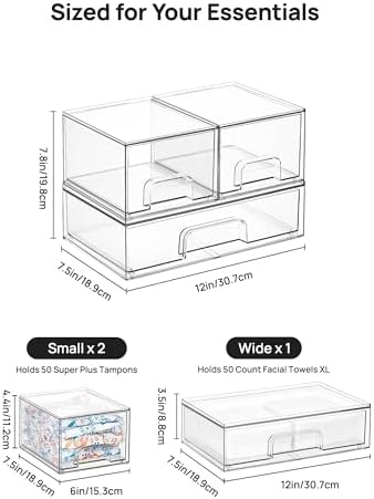 Clear Stackable Storage Drawers Set of 5, Plastic Organizer Bins