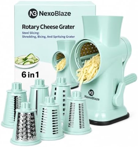 Rotary Cheese Grater with Hand Crank – 6-in-1 Cheese Shredder, 6 Stainless Steel Blades, Reinforced Suction Base, Grater for Cheese, Vegetables, Nuts