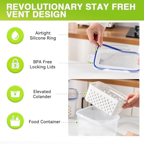 3 Pack Fruit Storage Containers for Fridge, Airtight Food Storage Containers with Removable Colander, Produce Saver Organizers Storage for Refrigerator, Keep Fruit Vegetable Meat Berry Fresh Longer