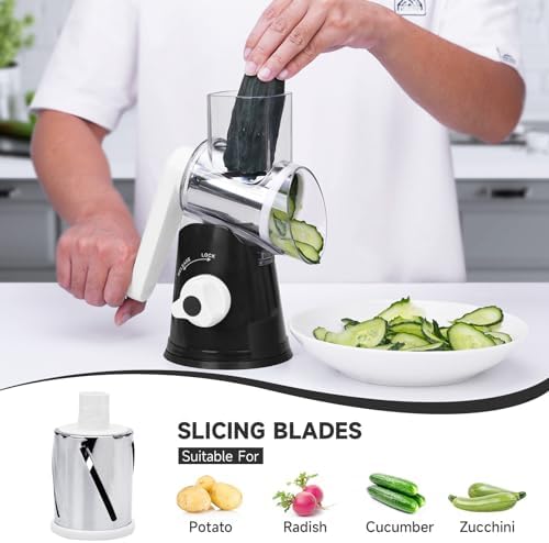 Cheese Grater Hand Crank Rotary, 3 Blades with Strong Suction Base