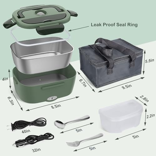 Electric Lunch Box for Adults, 80W Heated Lunch Box Portable Food Warmer Lunch Box for Work/Men/Car/Truck with 1.5L 304 Stainless Steel Container Fork & Spoon, 110V/12V/24V