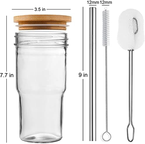 4-Pack Glass Cups with Bamboo Lids and Straws, 22oz Mason Jar Glass Tumbler, Reusable Boba Cups, Iced Coffee Drinking Glasses for Bubble Tea, Smoothies, Juice - 2 Cleaning Brush