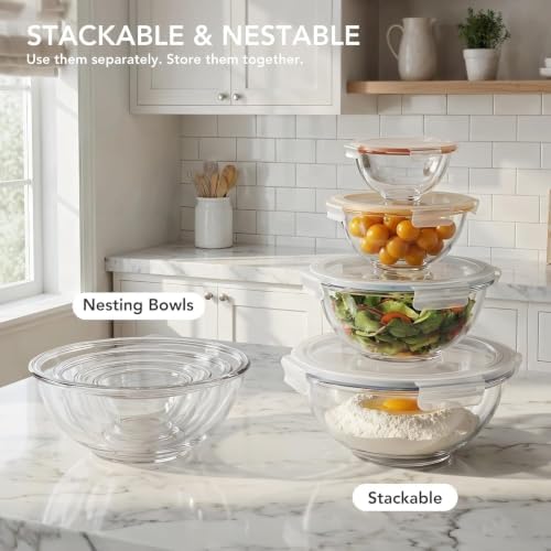 GENICOOK 4Set Nesting Glass Mixing Bowl Set with Airtight Lids BPA Free - Image 2