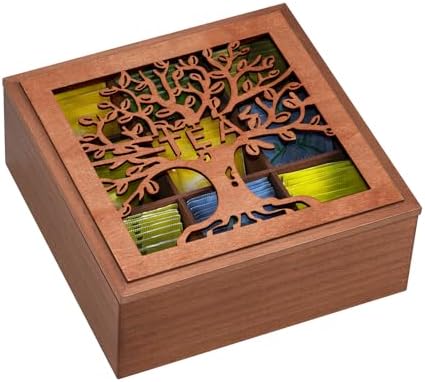 Wood Tea Box Organizer,Tea Organizer and Storage with Tree Pattern