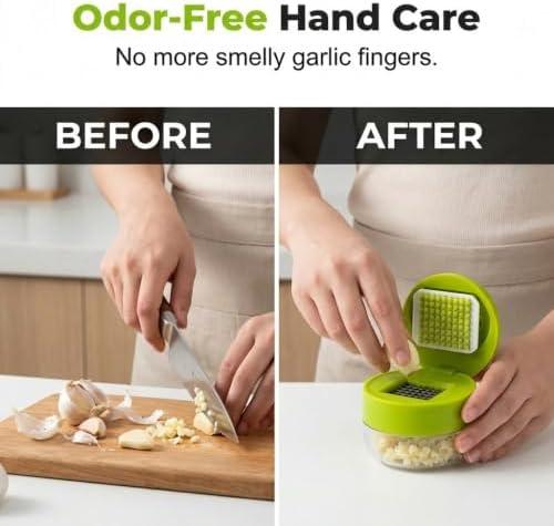 Manual Garlic Masher, Stainless Steel Blade Garlic Mincer Crusher with Peeler and Cleaning Brush, Hand-Press Garlic Chopper Grater for Ginger, Nut, Herb (1PCS)