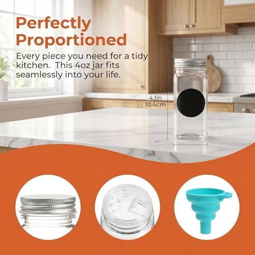 24 Pack Plastic Spice Jars, 4 oz Spice Bottle Square Seasoning Containers, Reusable Salt Pepper Shaker with Airtight Lid Labels and Funnel for Spice, Herbs, Powder and Glitters