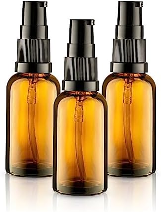 VitalUp Empty Refillable Glass Amber Pump Bottle Ideal for Lotion Cream Essential Oil Travel Small Container, TSA Approved, 30ml 3 Pack by Vitalup