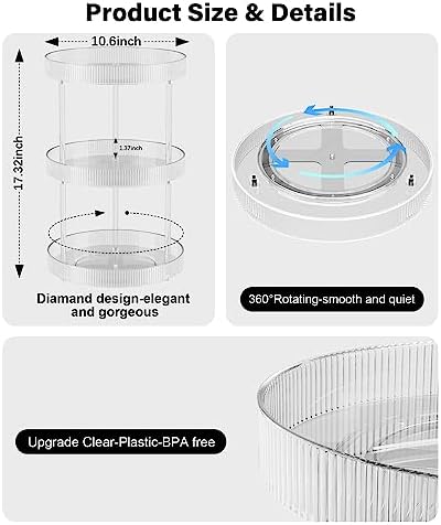 3 Tier Lazy Susan Bathroom Countertop Organizer, 360° Clear Rotating Makeup Cosmetic Perfume Storage Tray, Spinning Vanity Organizer Shelf for Bathroom Cabinet, Dresser, Kitchen(Large)