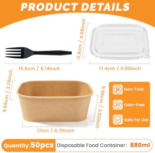 50 Pack 29oz Large Disposable Meal Prep Containers With Lids and Forks, Leak-Proof, Freezer & Microwave Safe Take Out Containers, Sturdy Disposable Kraft Bowls For Salad, Noodles & Meal Prep