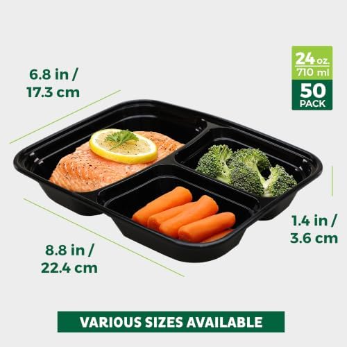 Meal Prep Containers with Lids 24 oz [50 Pack] 3 Compartment