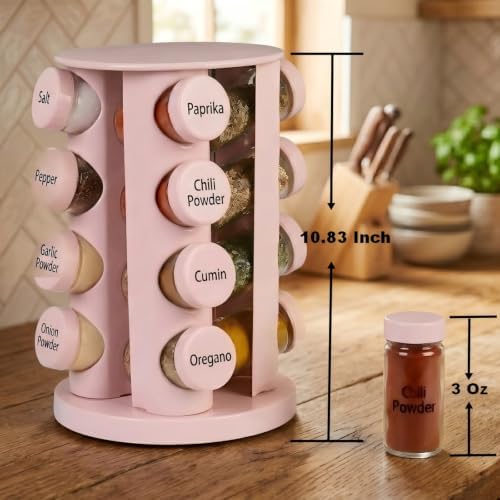 Pink Rotating Spice Rack with 16 - Empty Jars and Labels