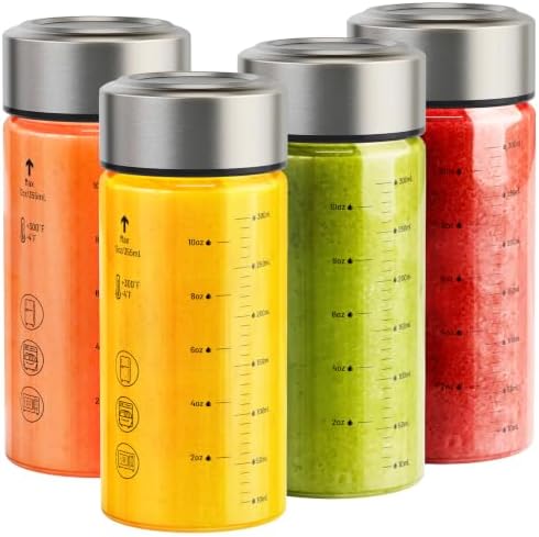 Sursip Wide Mouth Borosilicate Glass Juice Bottles 12oz 4 Pack with Lids by Sursip%C2%AE