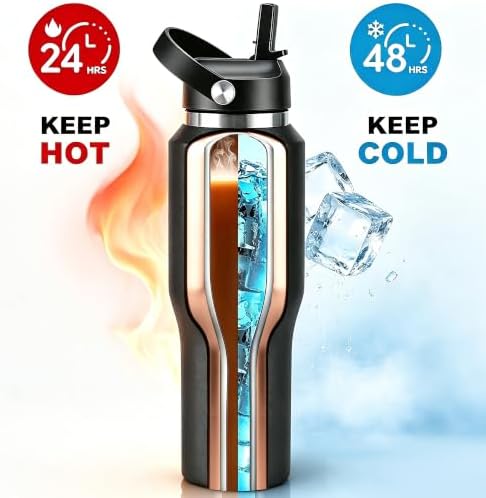 32 oz Insulated Water Bottle Stainless Steel Triple-Wall with Straw Lid Set