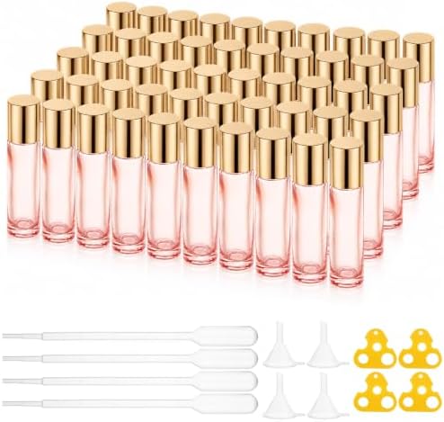 CertBuy 50 Pack 10ml Refillable Glass Roller Bottles for Essential Oils Leak-proof, UV-Resistant, Roll On Bottles Empty with Stainless Steel Roller Balls & Caps for Perfume, Lip Gloss, DIY, Travel by CertBuy