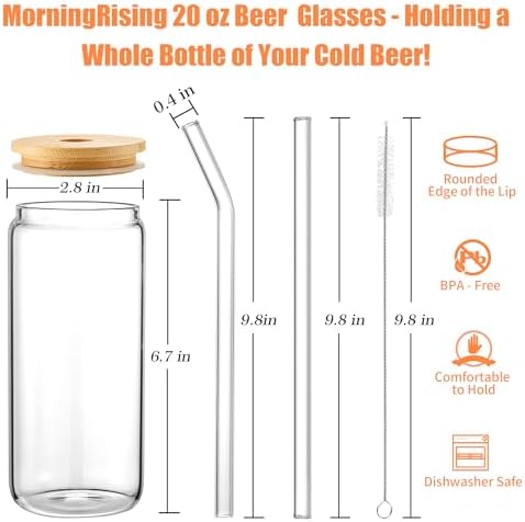 12PCS 20oz Glass Cups with Lids and Straws, 2 Cleaning Brushe