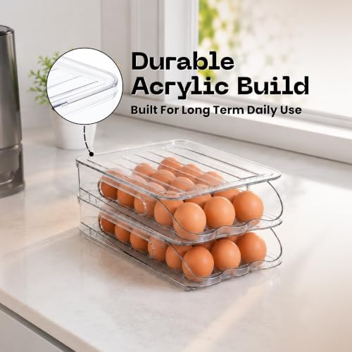 Auto Rolling Egg Holder for Fridge, 2-Tier Stackable Egg Dispenser Container with Lid, Clear BPA-Free Plastic Refrigerator Egg Storage Bin Tray, Space Saving Organizer for 36 Eggs - Pack of 2