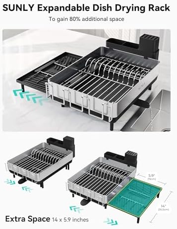 Large Dish Drying Rack, Expandable Dish Racks for Kitchen Counter, Space Saving 304 Stainless Steel Drying Rack Kitchen, Extra Large Drainer with Multifunctional Flip Up Pegs, Black