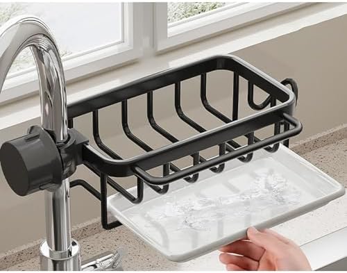 Kitchen Sink Faucet Organizer, Space Aluminum Rustproof Dish Sponge Holder with Divider and Drip Tray for Kitchen Dishwashing Sponges Brushes Cloth (Black)