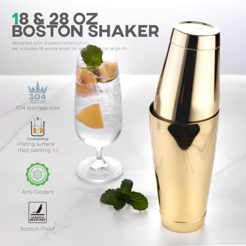 12 Pieces Boston Cocktail Shaker Set, Mixology Bartender Kit, Gold