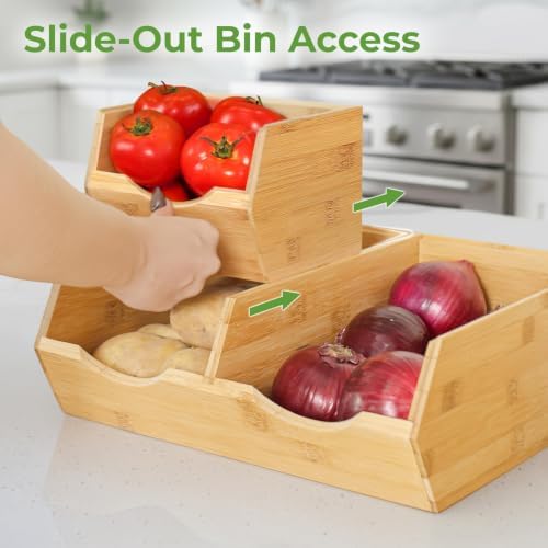 Large Bamboo Pantry Storage Bins – 30% Larger, Stackable Potato Onion Storage Bin, Pantry Organizers and Storage, Produce Vegetable Organizer, Set of 4