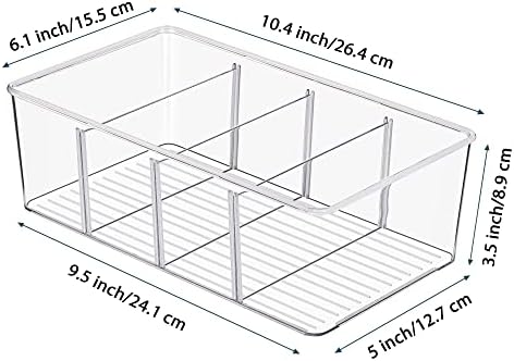 6 Pack Food Storage Organizer Bins, Clear Plastic, 4 Compartments