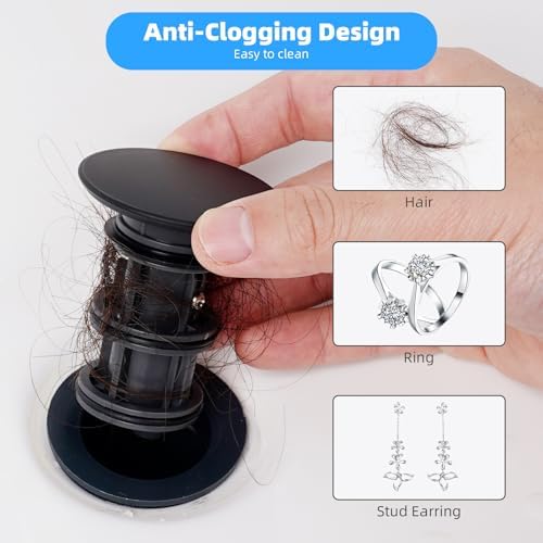 2 Pack Universal Bathroom Sink Drain Stopper, Pop Up Drain Strainer with Overflow, Push and Seal Sink Plug with Basket for Lavatory Vanity Vessel, Anti-Clogging Strainer, Matte Black