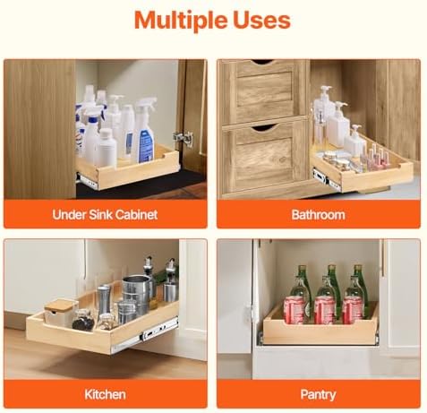 Pull Out Cabinet Organizer, 14"W x 21"D Cabinet Drawer, Soft Close Slide out Shelf, Heavy-Duty Sliding Wood Drawer, Bottom Mount Size（14.5"W x 23"D）and Side Mount Size（15"W x 23"D）