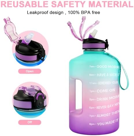1 Gallon Water Bottle with Time Marker and Straw, BPA Free 128oz Leak Proof Motivational Large Water Bottle Jug with Handle, Pop Up Open Sports Big Bottle Jug with Comfortable Silicone Nozzle