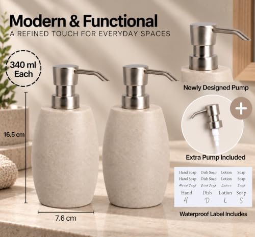Sandstone Textured Resin Soap Dispenser with Metallic Pump and Waterproof Bottle Labels for Bathroom Kitchen Dish Hand Wash Shower Lotion Shampoo, 12 Oz, 2 Sets Beige