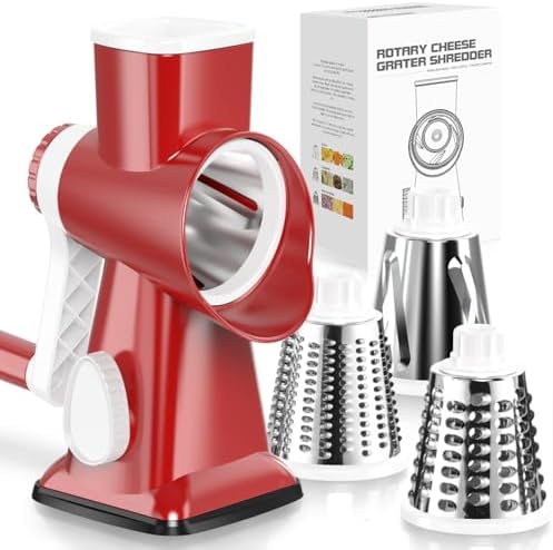 Badelite Cheese Grater Hand Crank Rotating Cheese Shredder Stainless Steel Vegetable Slicer Grater for Kitchen 3 Blades for Cheese, Carrot, Cucumber, Nuts, Chocolate, Red by Badelite