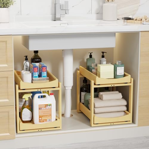 Bamboo Under Sink Organizer Adjustable Height 2 Tier Bathroom Organizer